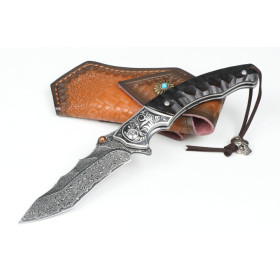 Damascus Blade Material Divine Wings Folding Camping Hunting Knife with Leather Bag UD406723